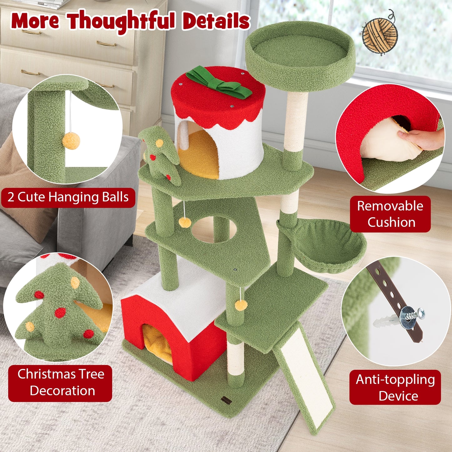 61 Inches Christmas Cat Tree, Sisal Scratching Posts, 2 Condos, Green Cat Trees Condos & Scratchers at Gallery Canada