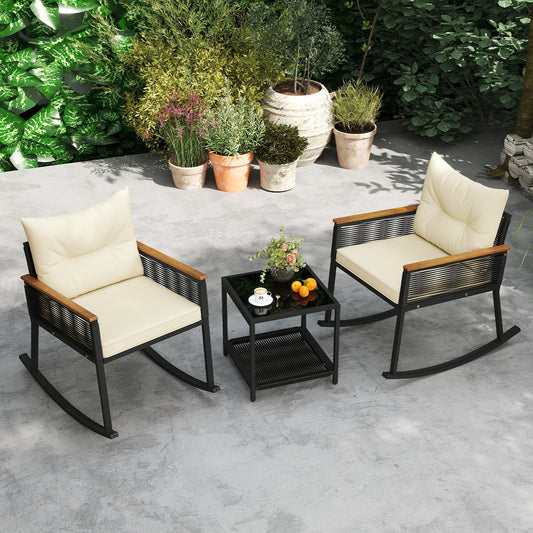 3 Piece Outdoor PE Rattan Rocking Bistro Set with 2-Tier Coffee Table, Black Patio Furniture Sets Black at Gallery Canada