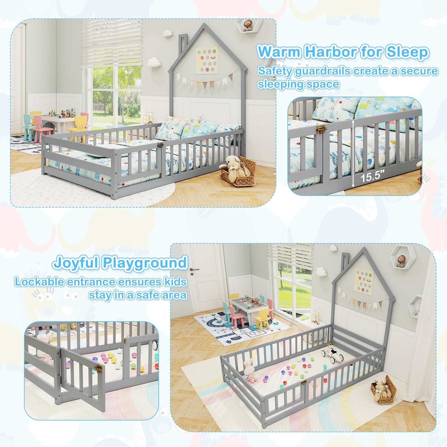 Twin Size Montessori Floor Bed, Lockable Door, Full Guardrail, Gray Toddler Beds at Gallery Canada