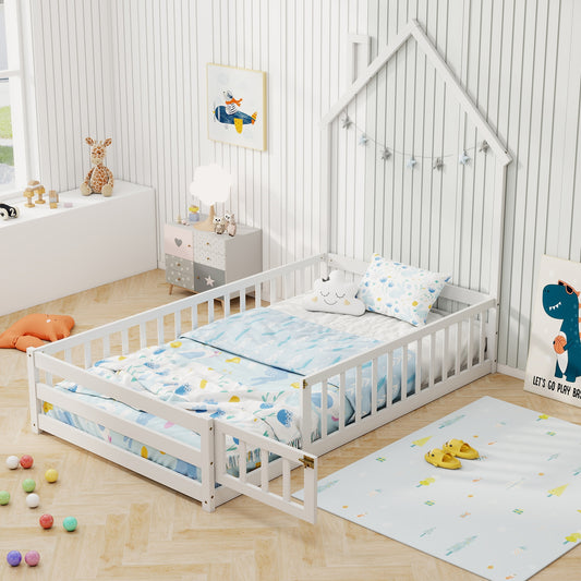 Twin Size Montessori Floor Bed with Lockable Door and Full-Length Guardrail, White Toddler Beds White at Gallery Canada