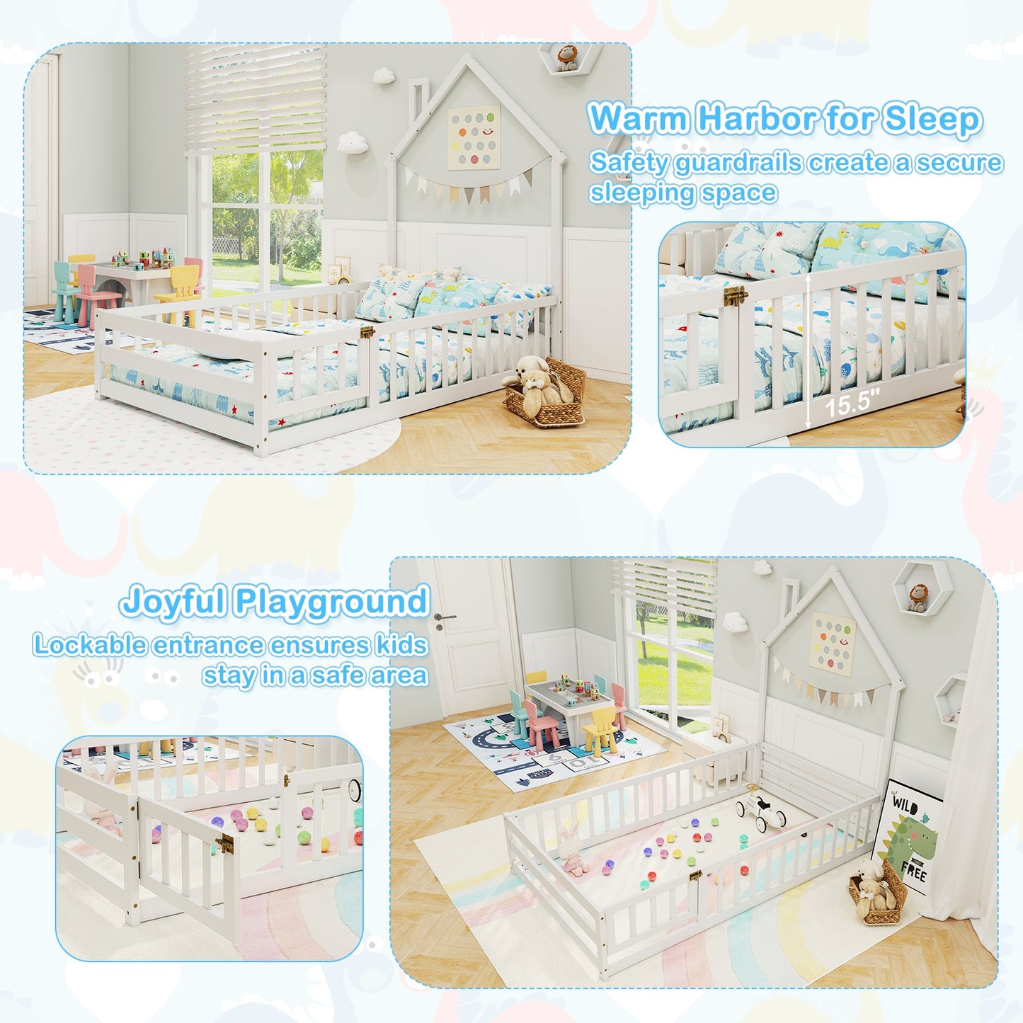 Twin Size Montessori Floor Bed, Lockable Door, Full Guardrail, White Toddler Beds at Gallery Canada