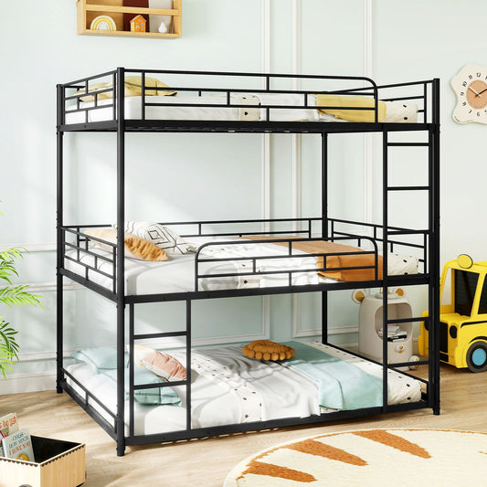 Metal Triple Bunk Bed With Safety Guardrails, 2 Ladders, Black Bunk Bed Frame Black at Gallery Canada
