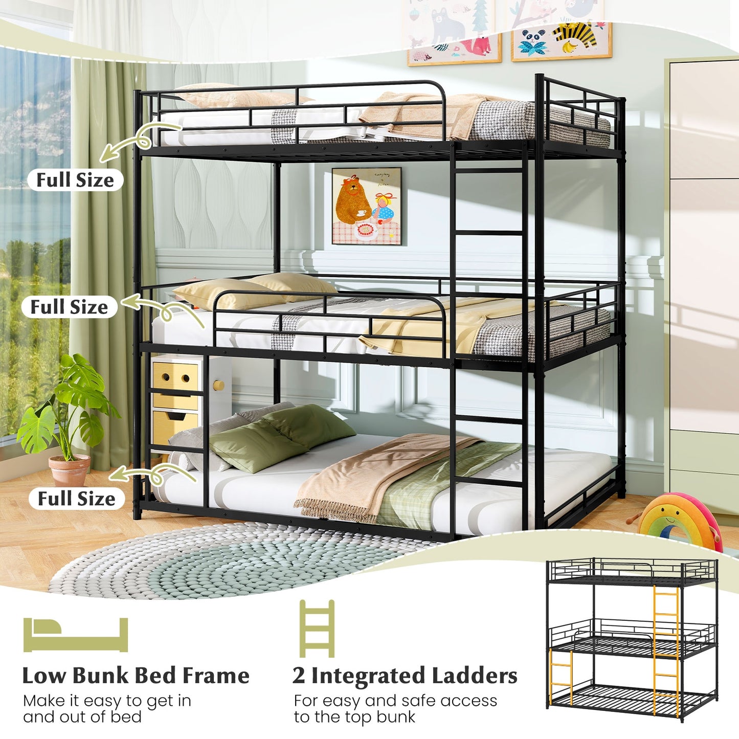Metal Triple Bunk Bed With Safety Guardrails, 2 Ladders, Black Bunk Bed Frame at Gallery Canada