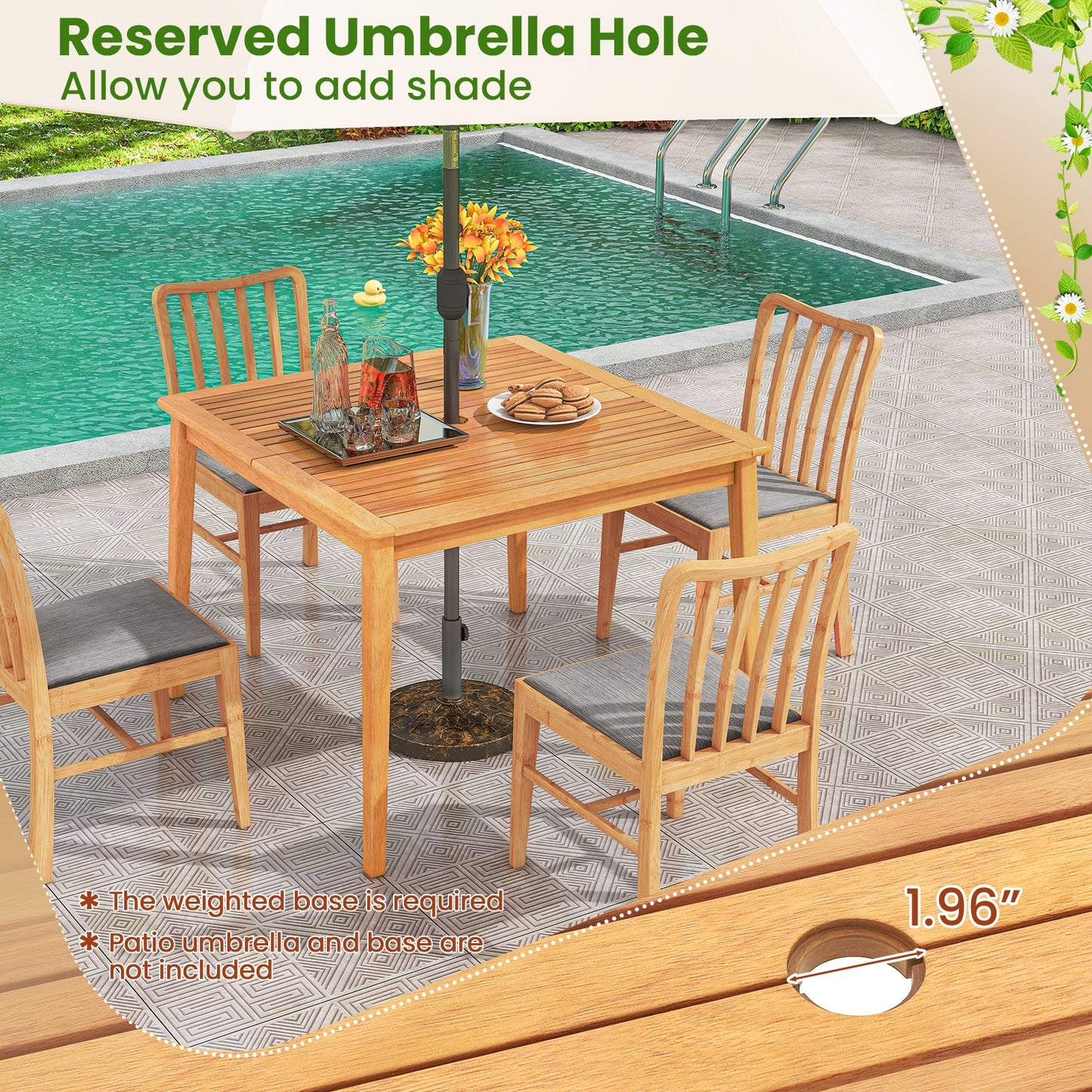 5 Piece Patio Acacia Wood Dining Set Solid Wooden Dining Furniture with Umbrella Hole, Natural Patio Dining Sets at Gallery Canada