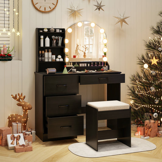 Makeup Vanity Desk With Mirror, Lights, Stool, Black
