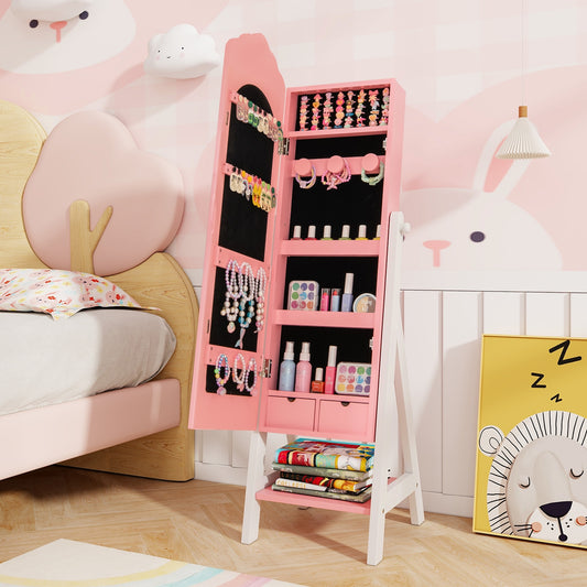 Kids Jewelry Organizer, Full Mirror Drawers, Storage Shelves, Pink