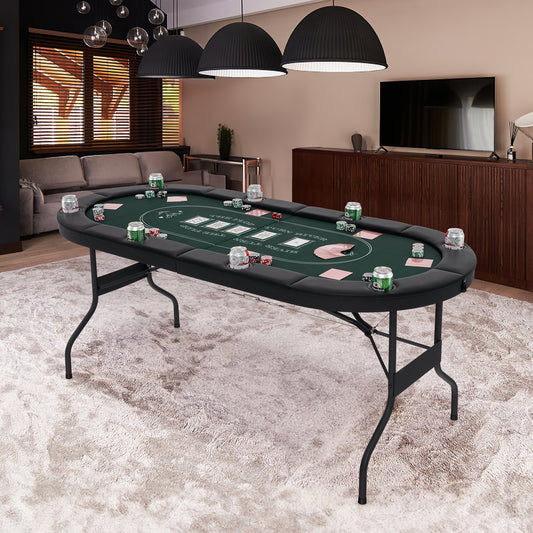 72 Inch Foldable Poker Table, 8 Players, Portable Oval Card Game Table, Green
