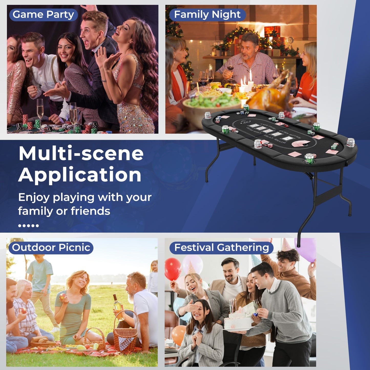 72 Inch Foldable Poker Table, 8 Player Portable Oval Card Game, Black Game Room at Gallery Canada