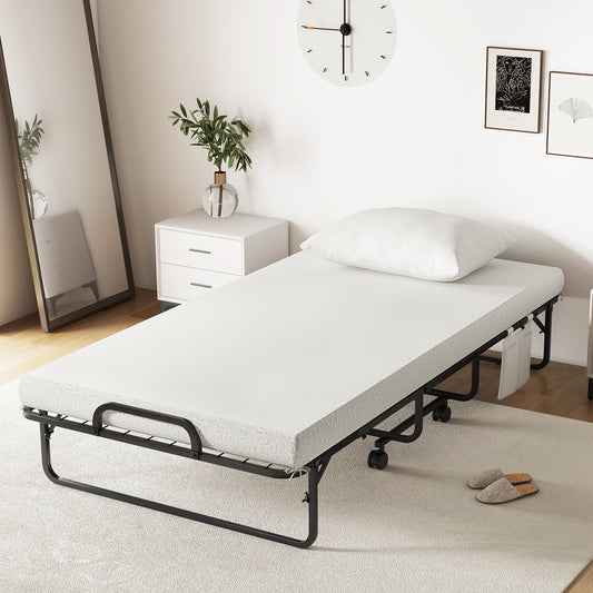Twin Size Rollaway Guest Folding Bed with Mattress Sturdy Heavy Duty Frame, Black Folding Beds Black at Gallery Canada