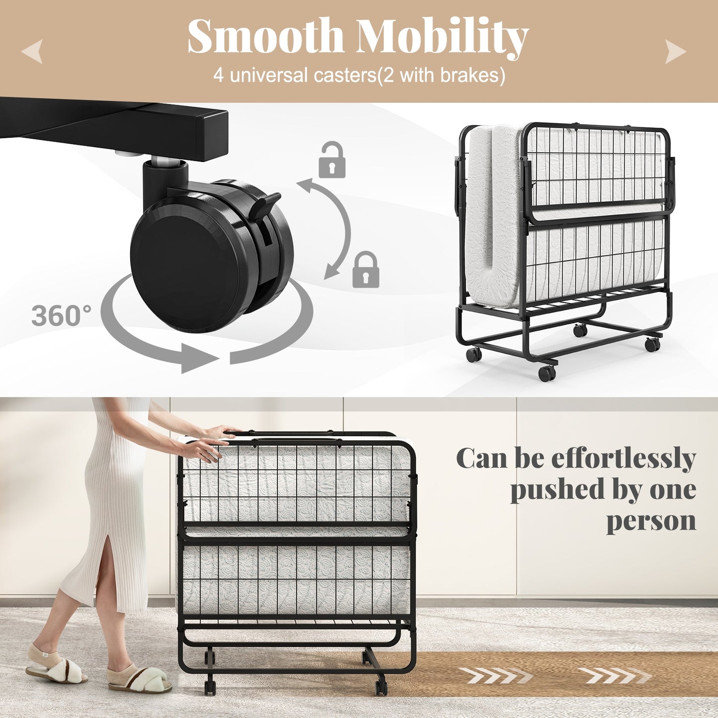 Lit pliant roulant de taille jumelle, avec matelas, cadre robuste, noir