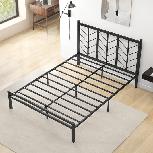 Queen Size Platform Bed With Headboard, Metal Frame, Black