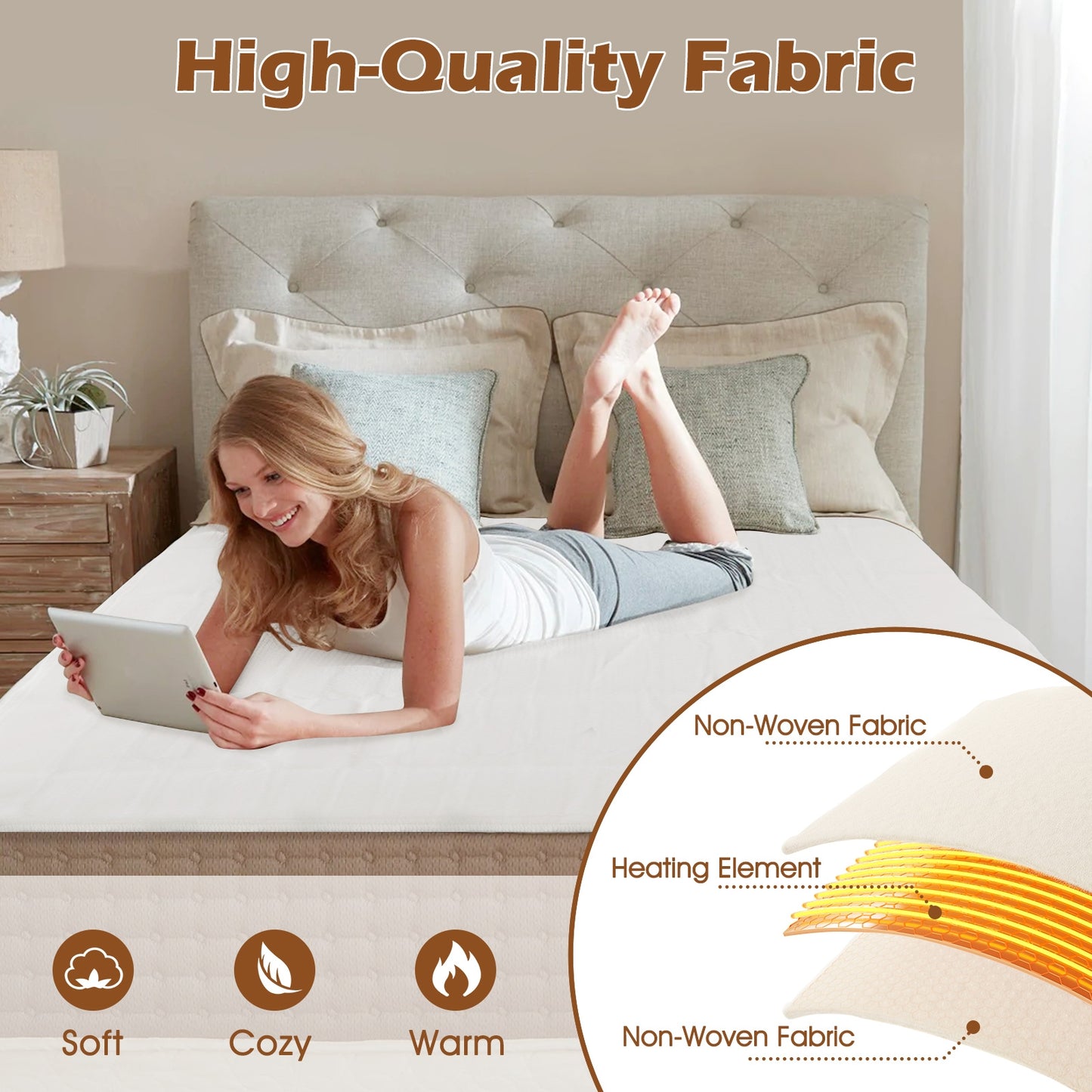 Electric Bed Warmer, King Size, 9 Heat Settings, Dual Controller, White Bedding at Gallery Canada