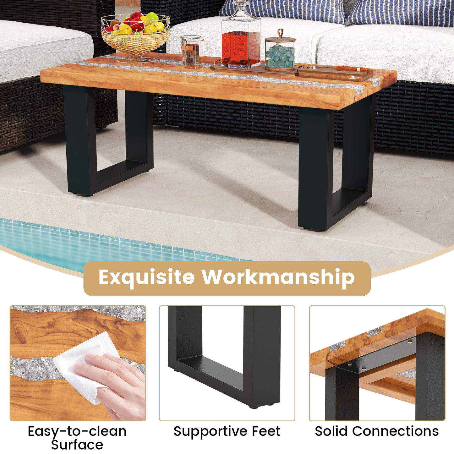 Teak Wood Patio Table, River Epoxy Tabletop, Natural Coffee Tables at Gallery Canada