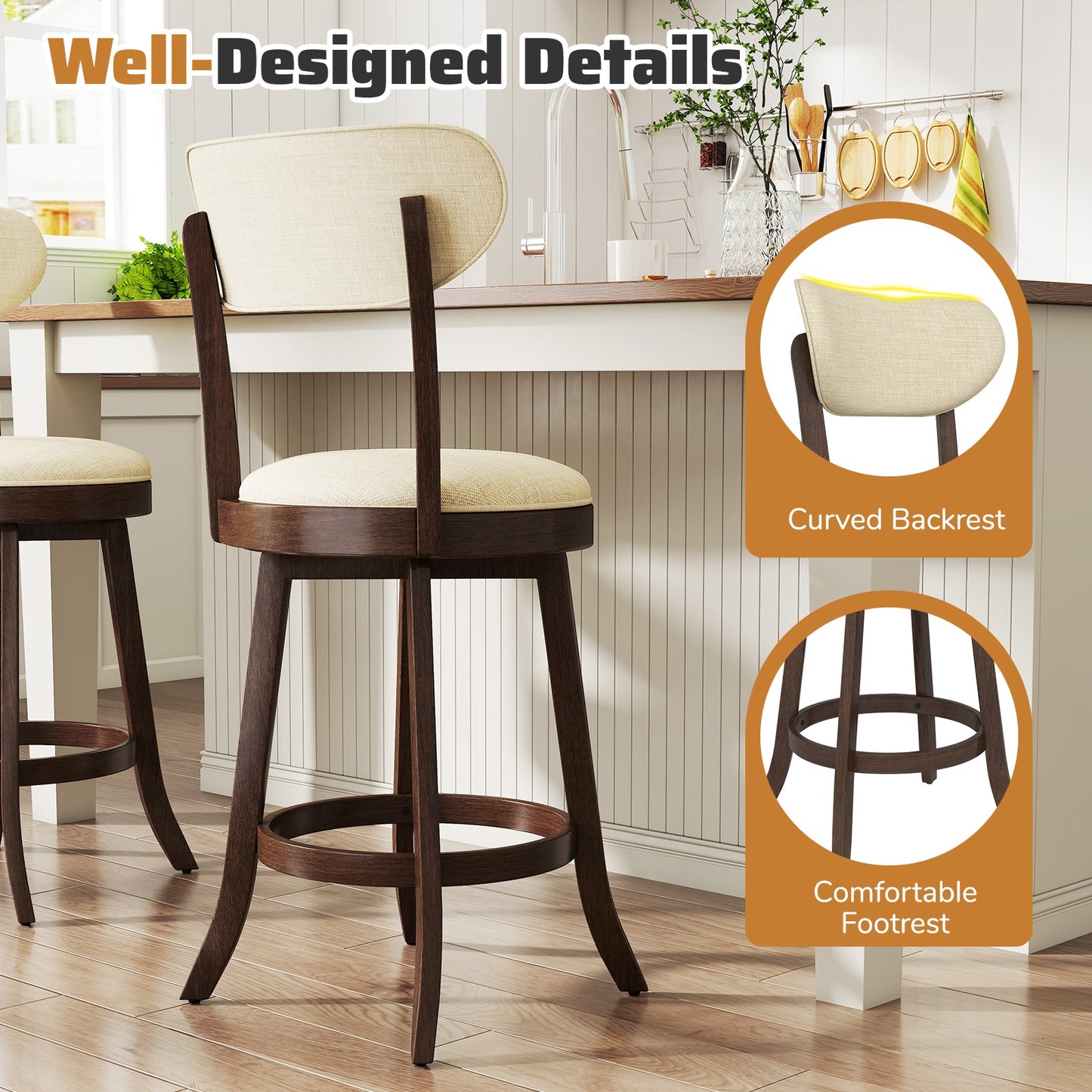 25.5 Inch Counter Height Chairs, Set of 2, Padded Seat and Backrest, Brown Bar Stools at Gallery Canada