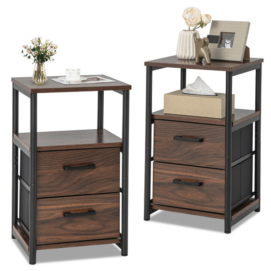 Bedside Table Set of 2 with Removable Fabric Drawers and Metal Frame, Walnut Nightstands at Gallery Canada