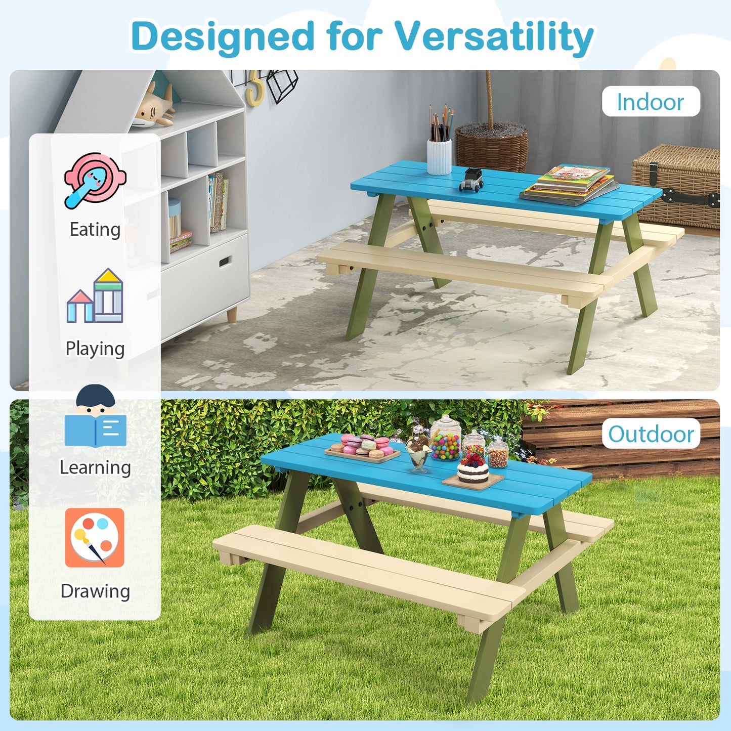Kids Wooden Picnic Table Set With Built-In Benches Kids Table & Chair Sets at Gallery Canada