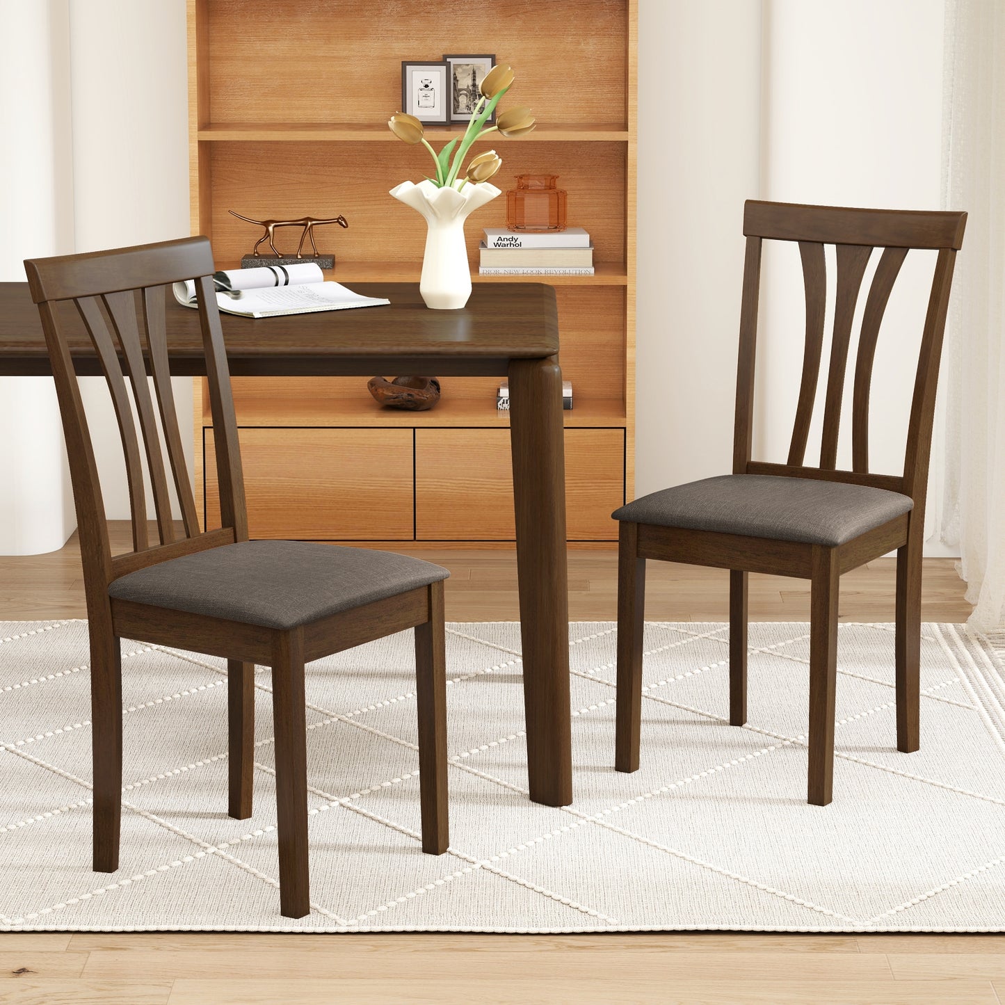 Wooden Dining Chairs Set of 2, Linen Fabric Upholstered, Brown Dining Chairs at Gallery Canada