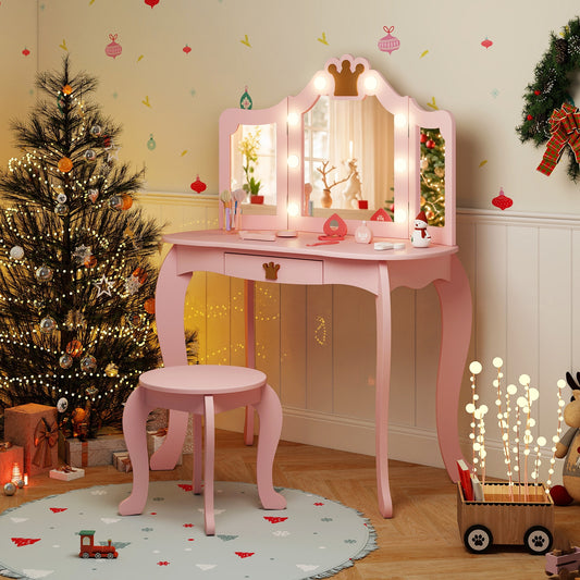 Kids Vanity Set With Tri-Fold Lighted Mirror, Detachable Top, Stool, Pink Kids Vanities Pink at Gallery Canada