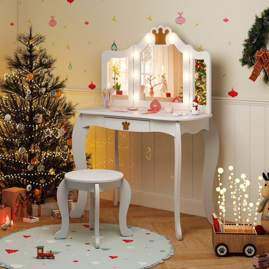 Kids Vanity Set With Tri-Fold Lighted Mirror, White Kids Vanities White at Gallery Canada