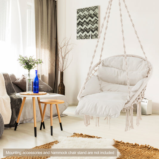 Hammock Chair with Thick Cushion & Macrame Holds up to 330 LBS, Beige Hammocks Beige at Gallery Canada