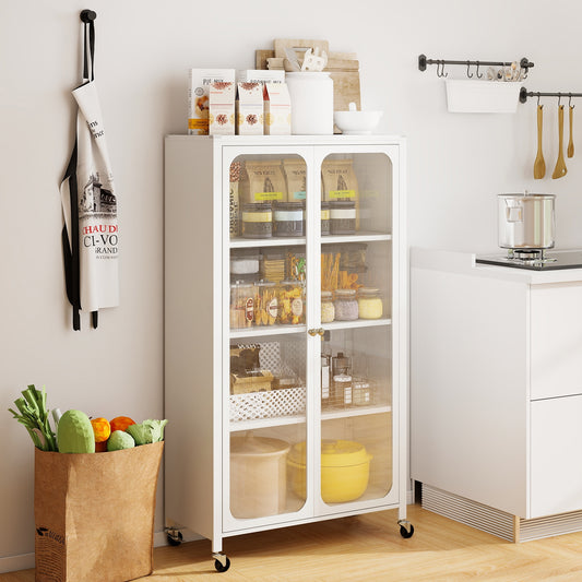58 Inches Bookcase, Adjustable Shelves, Lockable Wheels, White Bookcases White at Gallery Canada