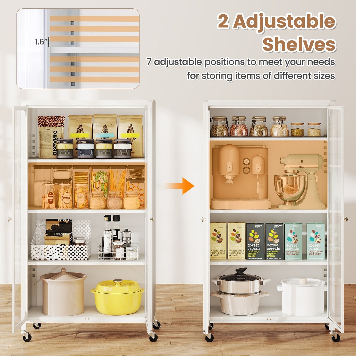 58 Inches Bookcase, Adjustable Shelves, Lockable Wheels, White Bookcases at Gallery Canada