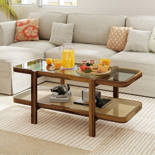 2-Tier Coffee Table with Storage and Tempered Glass Tabletop, Brown Coffee Tables Brown at Gallery Canada