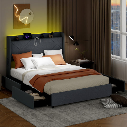 Queen Size Bed Frame With LED Lights, Charging Station, Gray