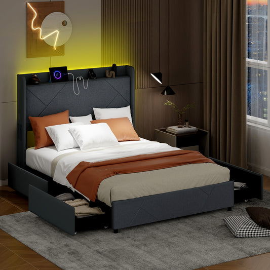Full Size Bed Frame With LED Lights, Charging Station, Gray Simple Bed Frame Gray at Gallery Canada