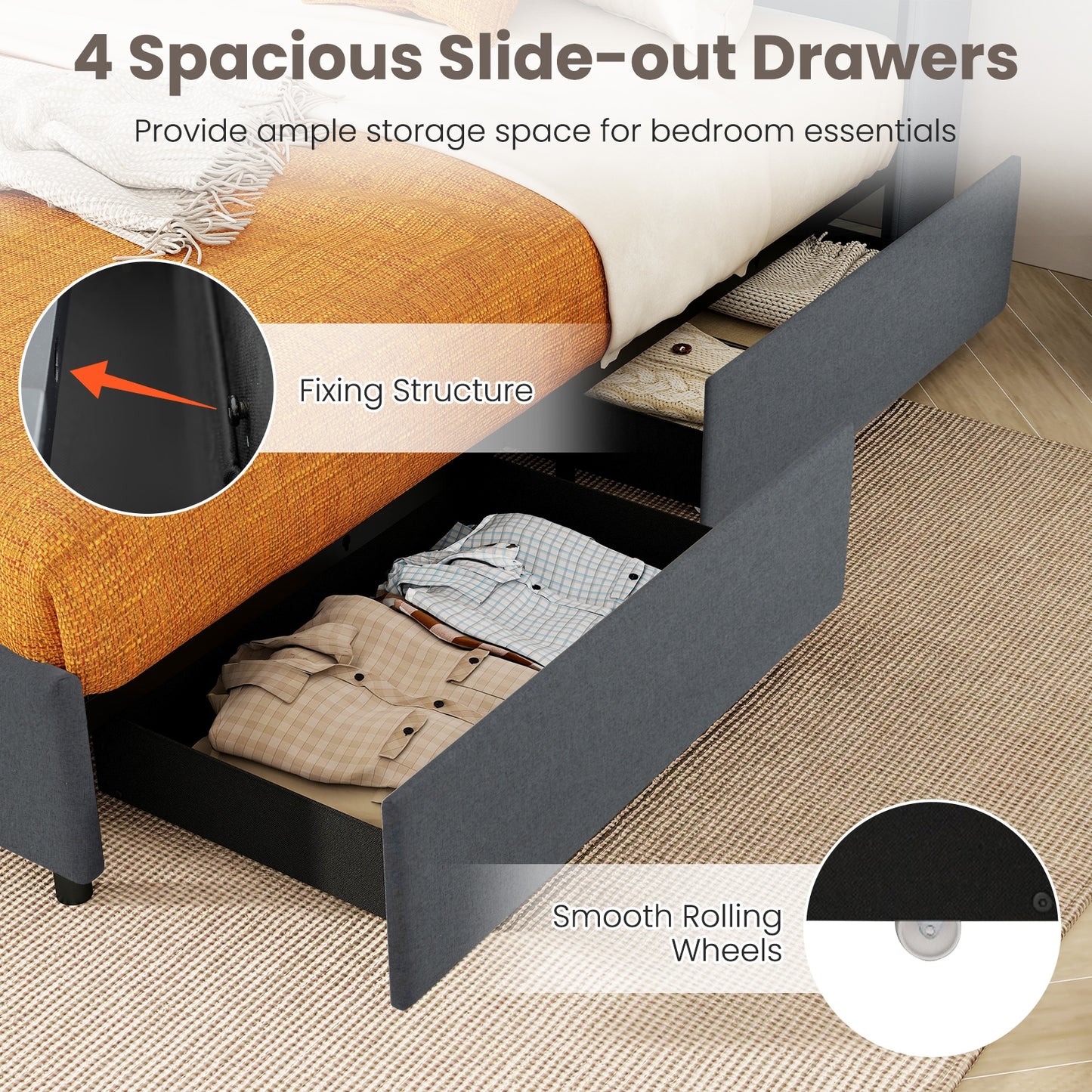 Queen Size Bed Frame With LED Lights, Charging Station, Gray Simple Bed Frame at Gallery Canada