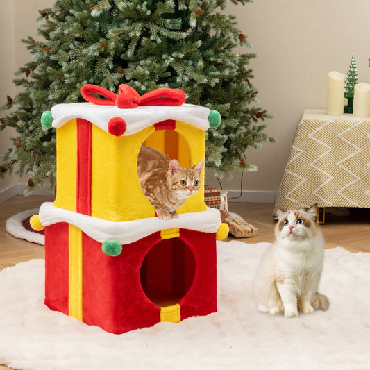 2 Gift Box Shaped Cute Christmas Cat House with Bow, Multicolor Cat Houses Multicolor at Gallery Canada