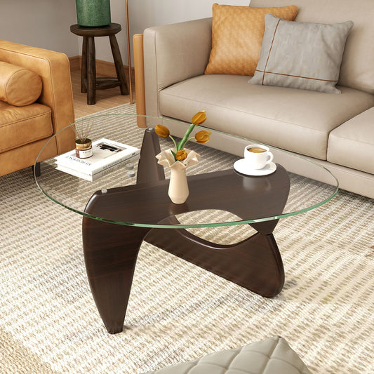 Triangle Coffee Table, Tempered Glass Top, Adjustable Rubber Wood Base, Walnut Coffee Tables Walnut at Gallery Canada