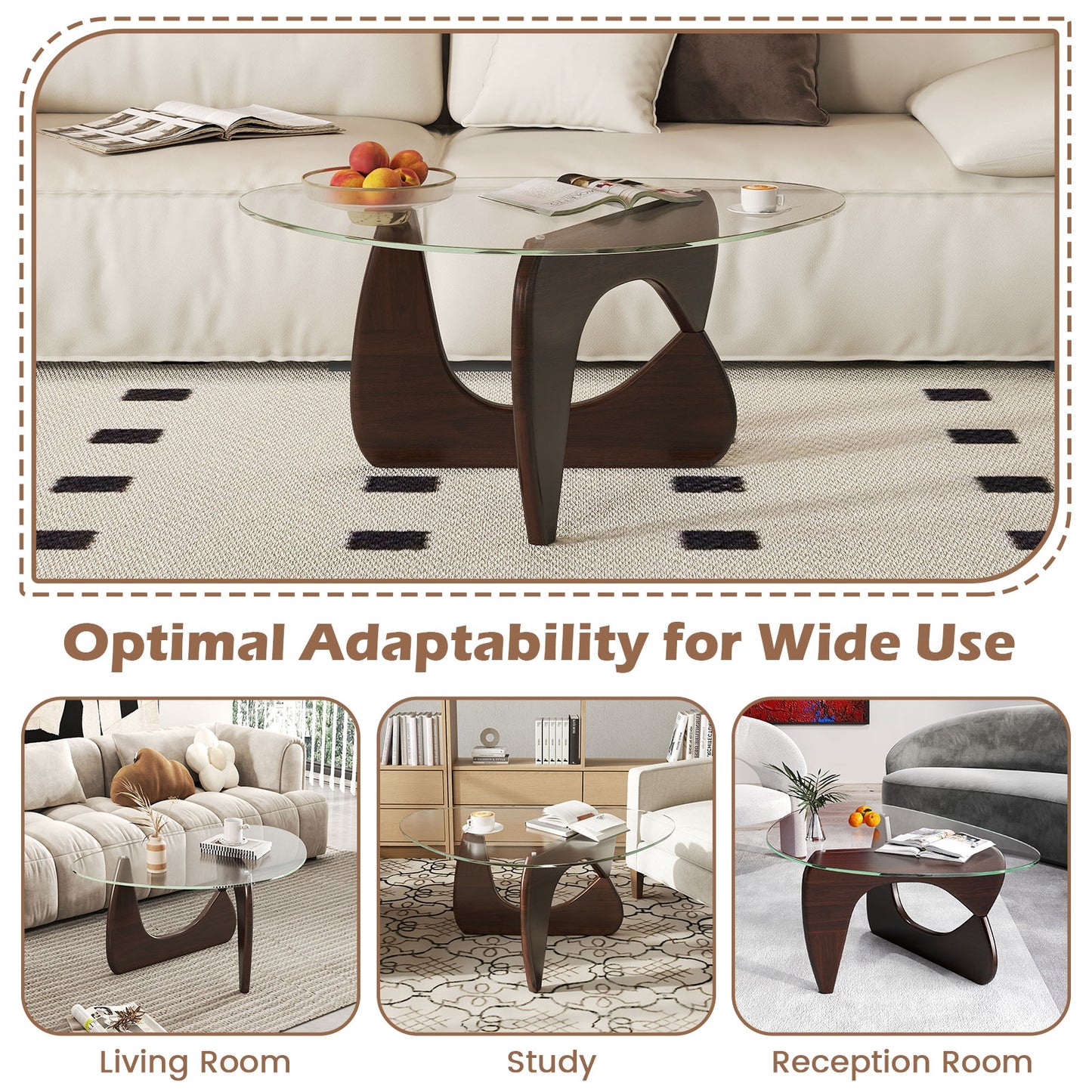 Triangle Coffee Table, Tempered Glass Top, Adjustable Rubber Wood Base, Walnut Coffee Tables at Gallery Canada