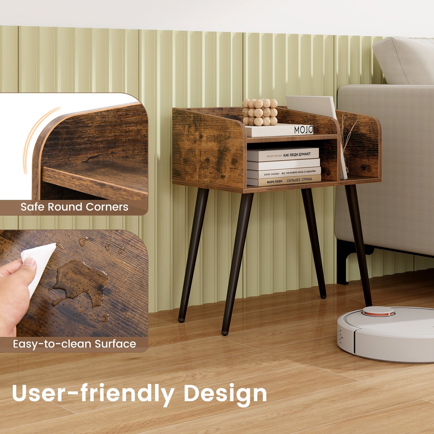 Mid Century Modern Nightstand with Open Shelves, Brown Nightstands at Gallery Canada