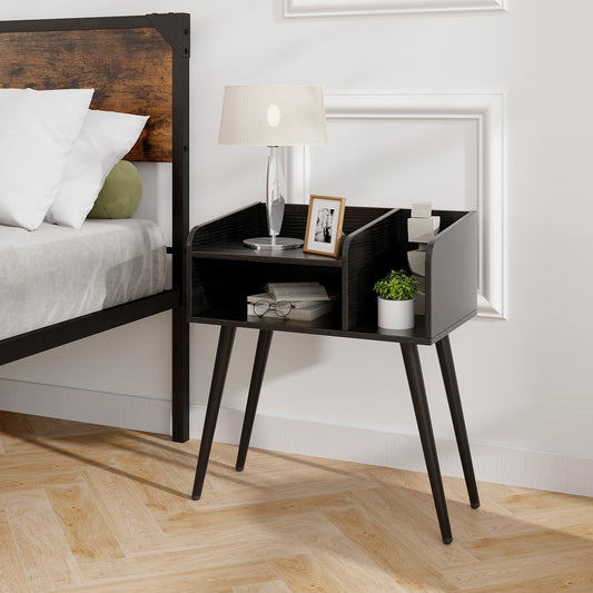 Mid Century Modern Nightstand with Open Shelves, Black Nightstands Black at Gallery Canada