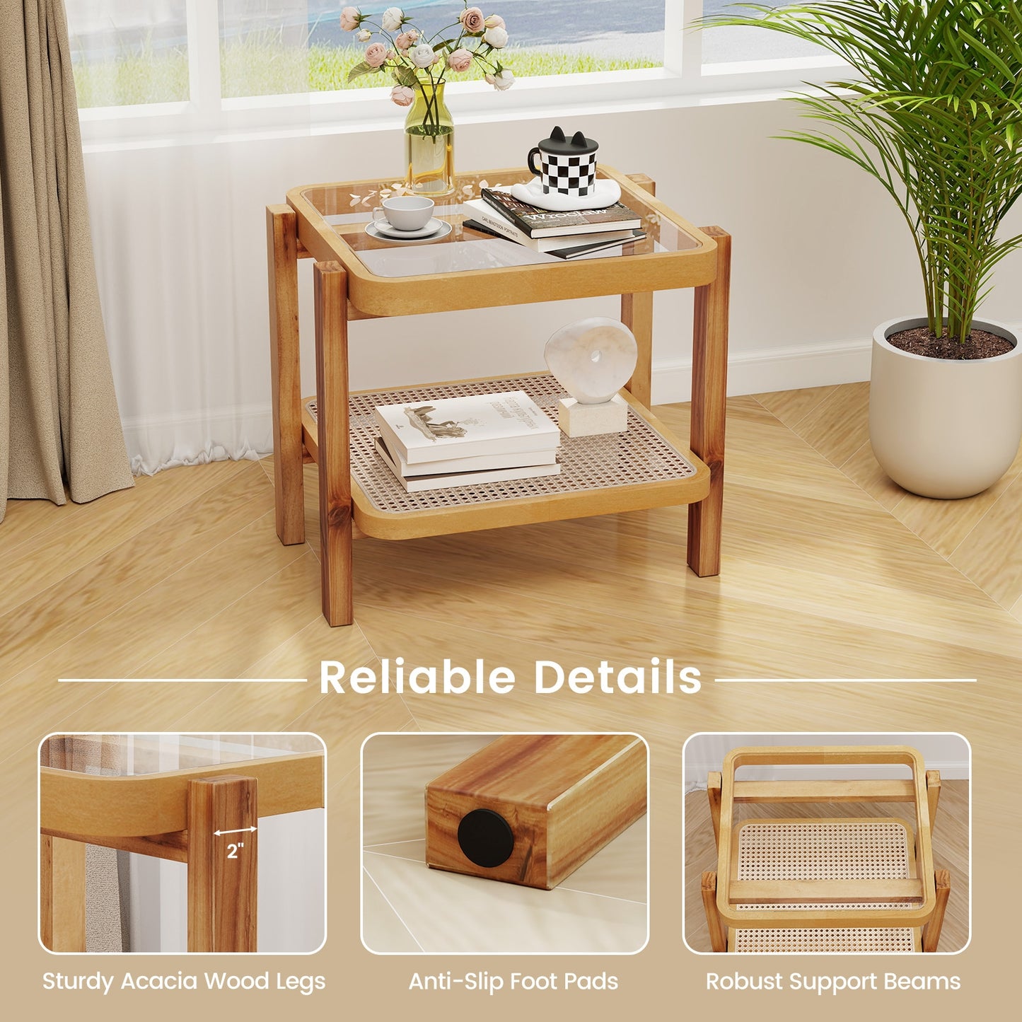 Rattan 2-Tier End Side Table with Tempered Glass Top Acacia Wood Legs, Natural End & Side Tables at Gallery Canada
