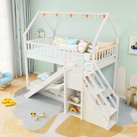 Twin Over Twin Bunk Bed with Slide and Staircase, White Bunk Bed Frame White at Gallery Canada