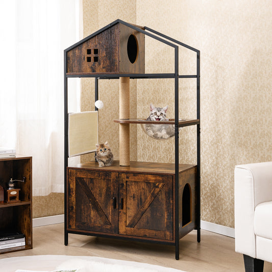 Cat Tree With Litter Box Enclosure, Multi-Level Cat Condo, Rustic Brown Cat Trees Condos & Scratchers Rustic Brown at Gallery Canada