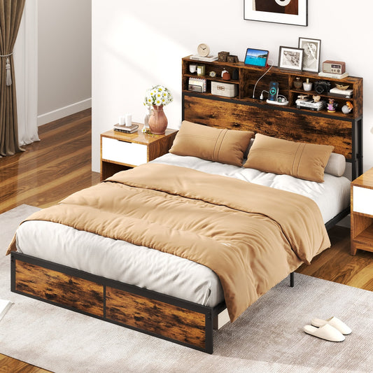 Queen Size Bed Frame With Storage Headboard, Rustic Brown Simple Bed Frame Rustic Brown at Gallery Canada