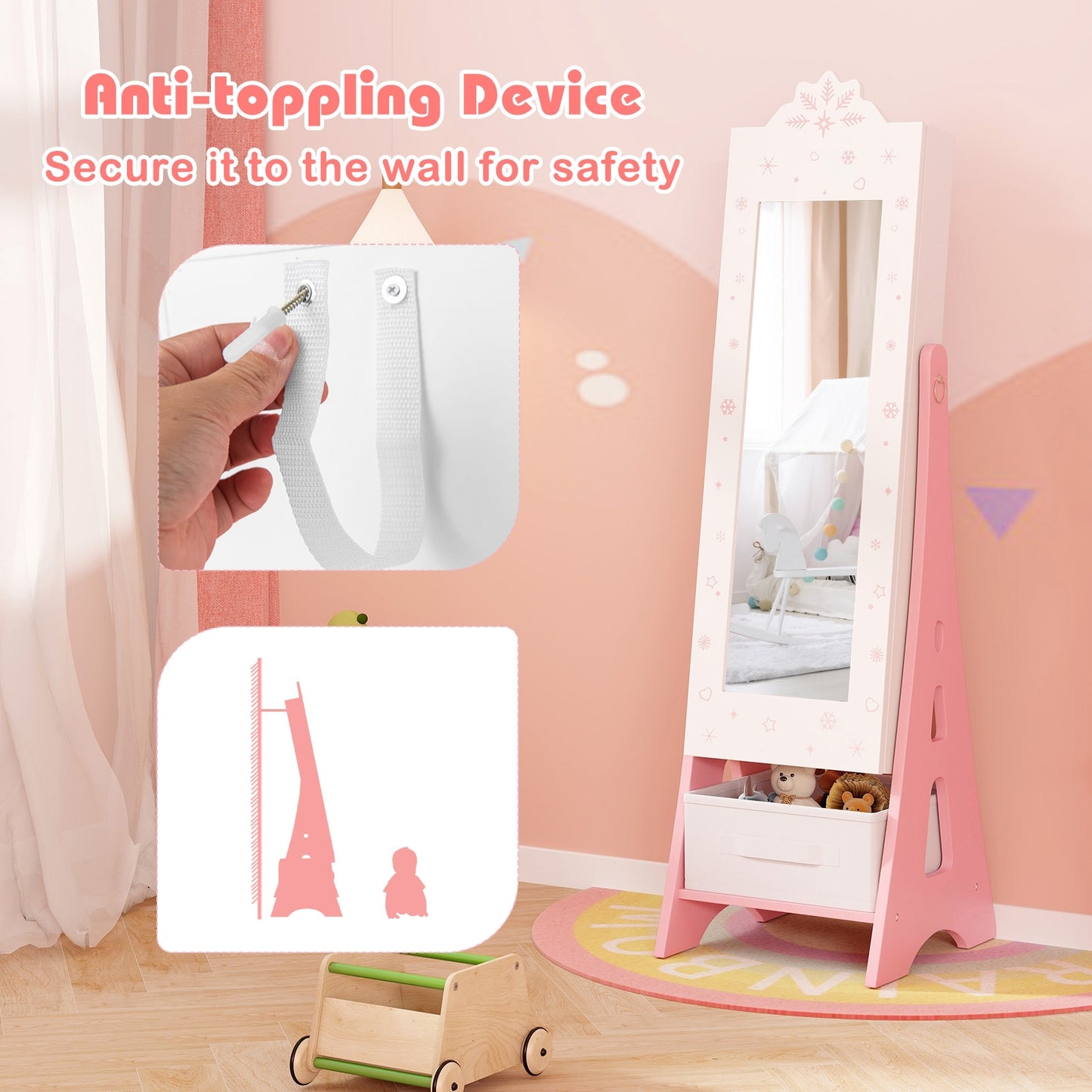 Kids Jewelry Cabinet with Full-Length Mirror and Foldable Drawer, White Kids Vanities at Gallery Canada