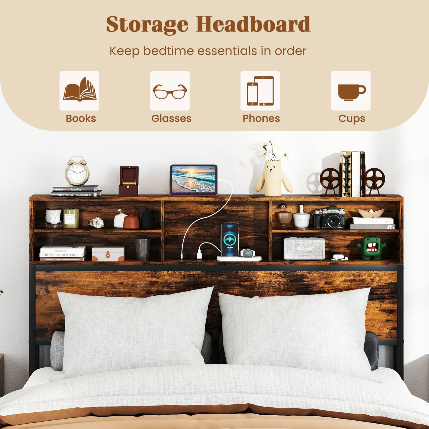 Queen Size Bed Frame With Storage Headboard, Rustic Brown Simple Bed Frame at Gallery Canada