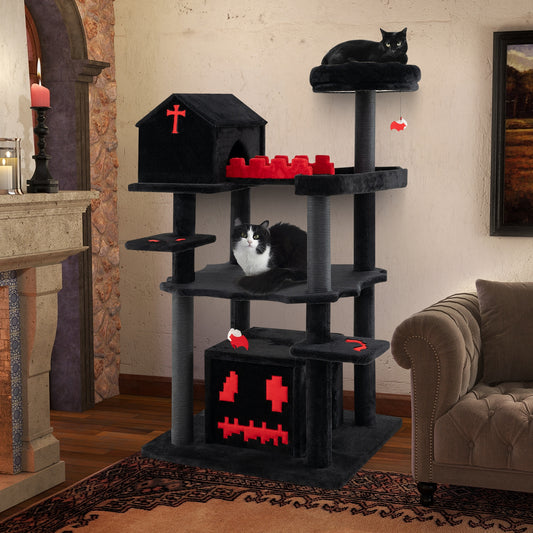 Gothic Cat Tree, 49 Inch Tall, 6-Tier Cat Tower With Coffin Bed, Black Cat Trees Condos & Scratchers Black at Gallery Canada