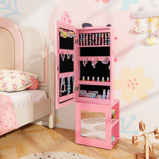 3-in-1 Freestanding Kids Jewelry Cabinet Armoire with Full Length Mirror, Pink Kids Vanities Pink at Gallery Canada