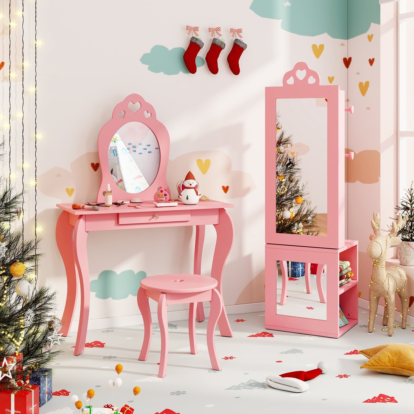 Armoire à Bijoux 3-en-1 pour Enfants Avec Miroir Pleine Longueur, Rose