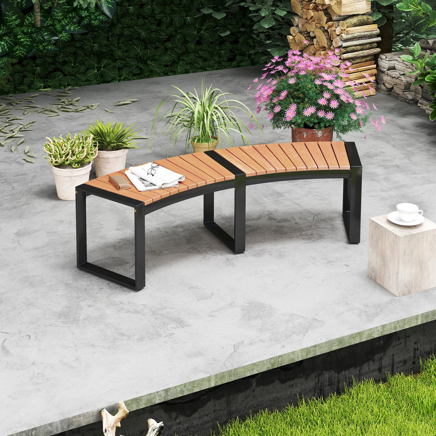 Patio Curved Bench with Slatted Seat and Metal Legs-2 Pieces Outdoor Benches at Gallery Canada