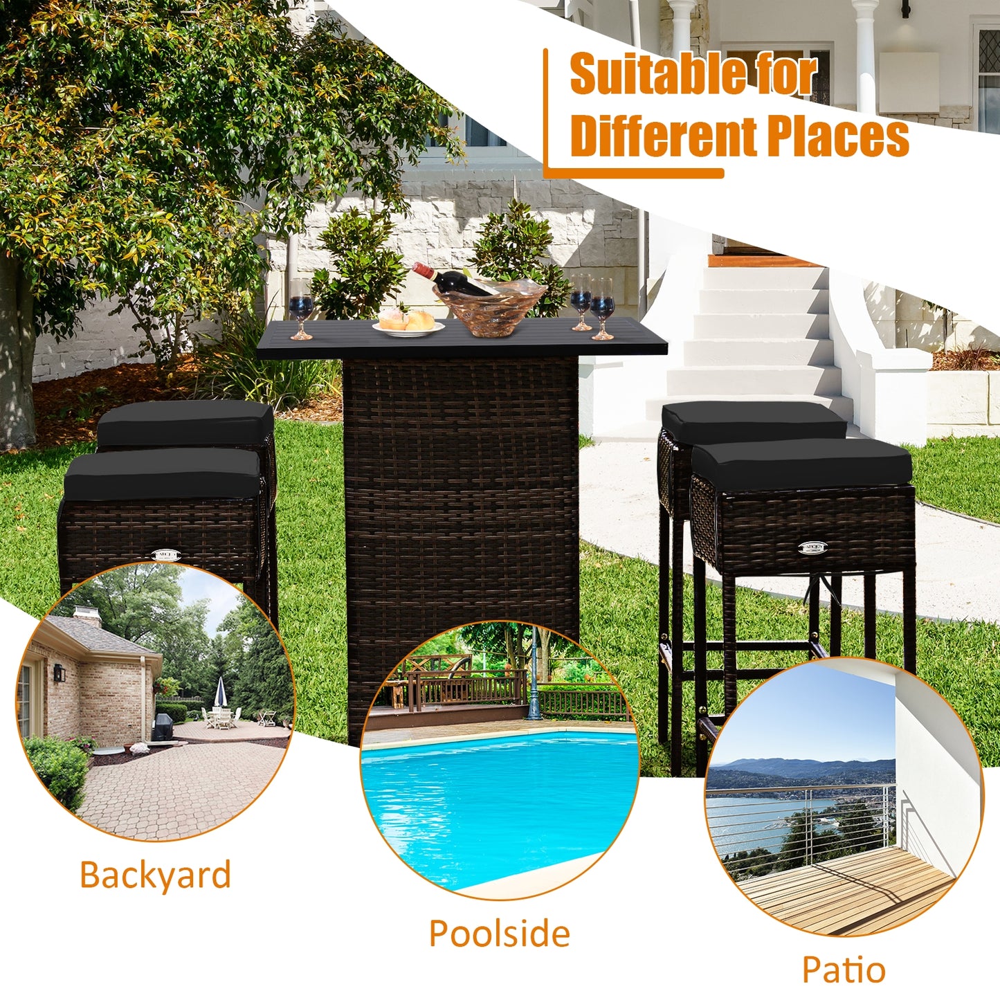 5-Piece Rattan Bar Set With Cushions, Hidden Storage Shelf, Black Patio Bar Furniture at Gallery Canada