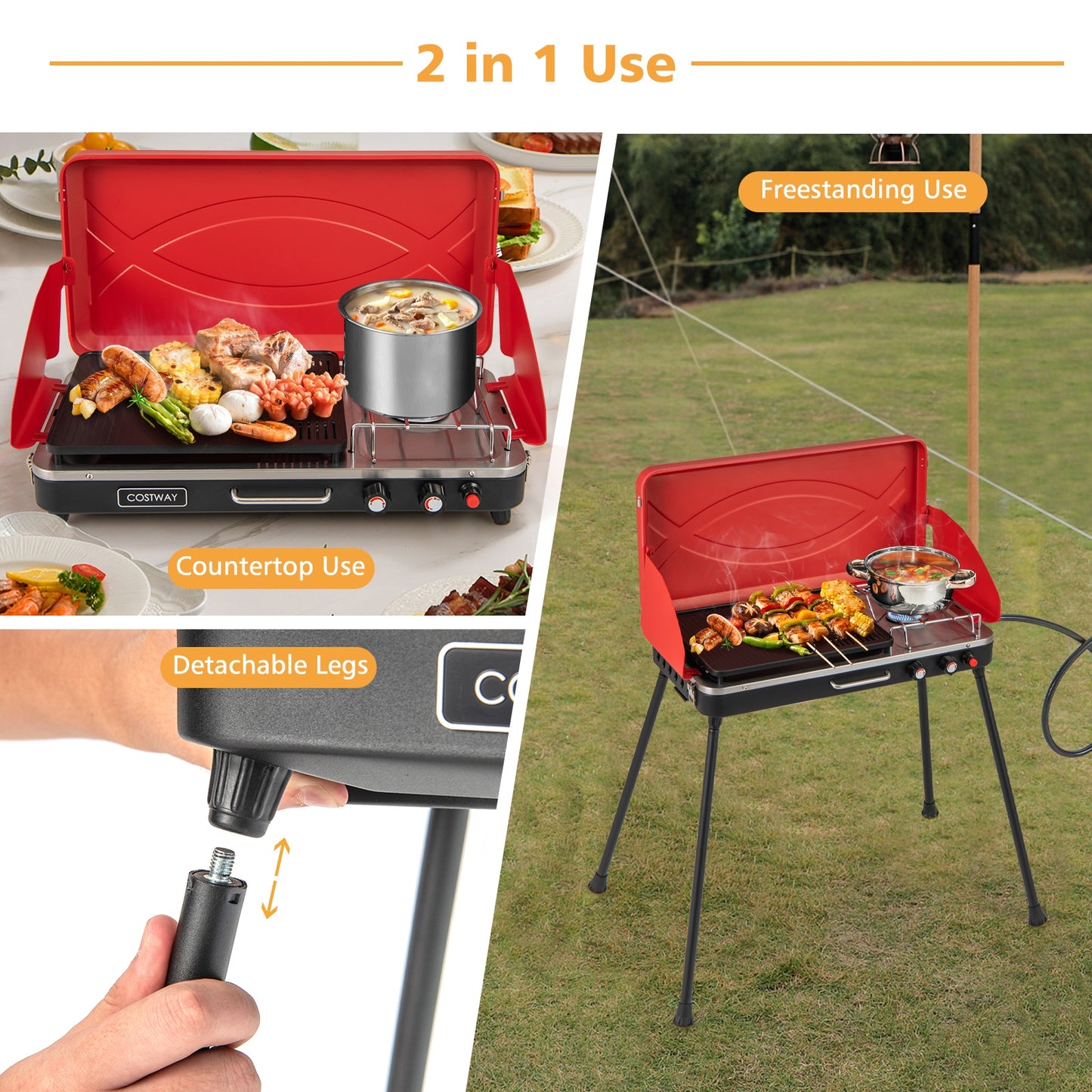 2-In-1 Gas Camping Grill And Stove, 4 Detachable Legs, Red Outdoor Grills at Gallery Canada