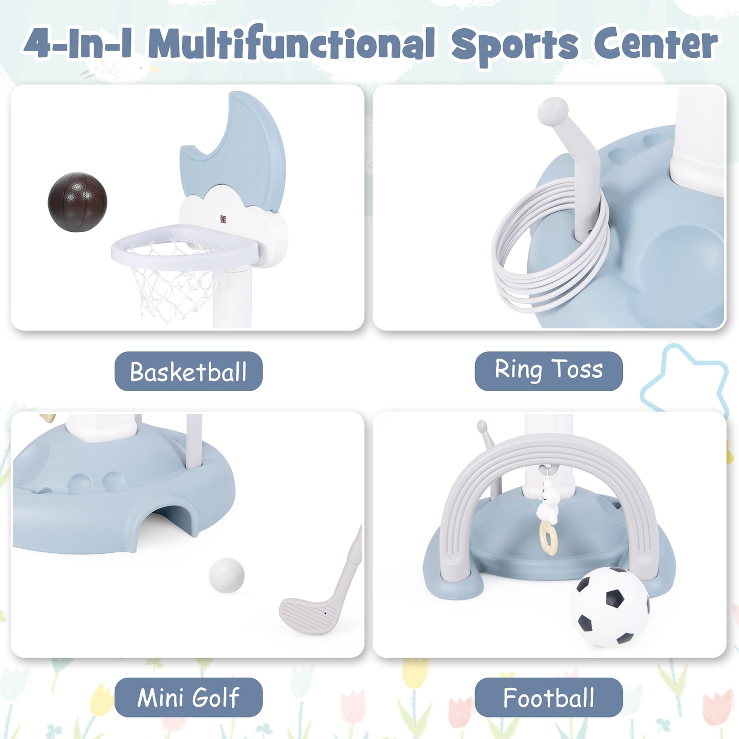 4-In-1 Kids Basketball Hoop, Moon-Shaped Electronic Scoreboard Play Set, Blue