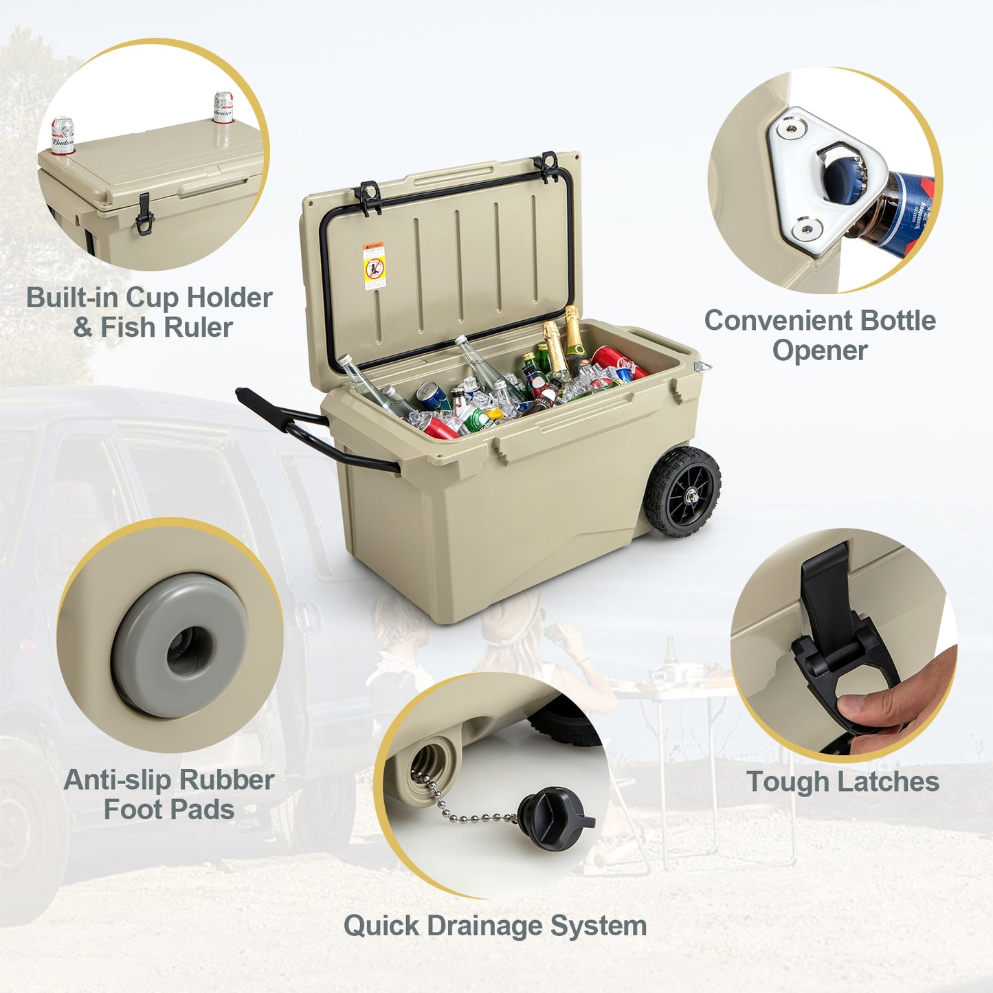 75 Quart Portable Cooler Rotomolded Ice Chest with Handles and Wheels, Tan Coolers at Gallery Canada