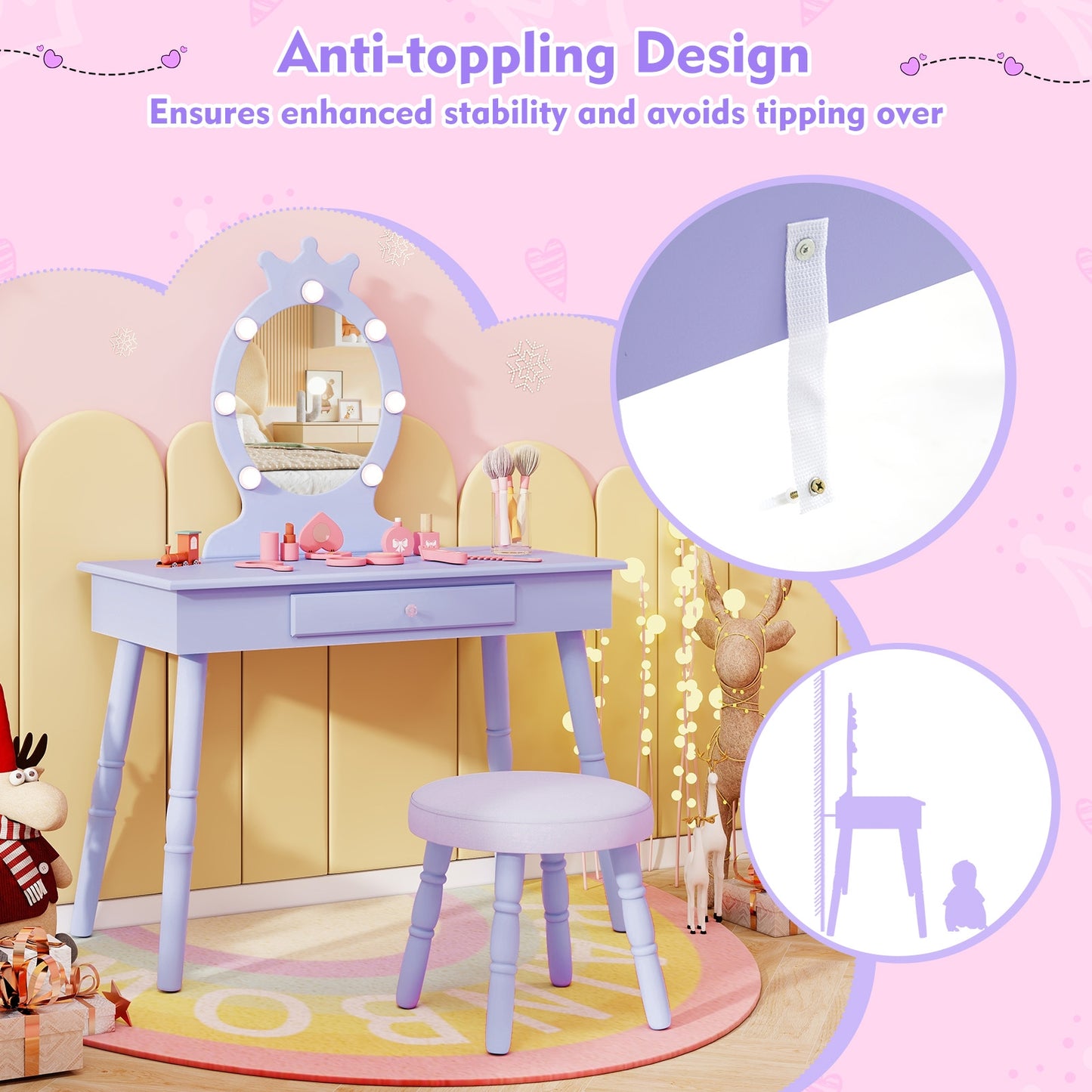 Kids Vanity Set With Lighted Mirror, Adjustable Brightness, Large Drawer, Purple Kids Vanities at Gallery Canada
